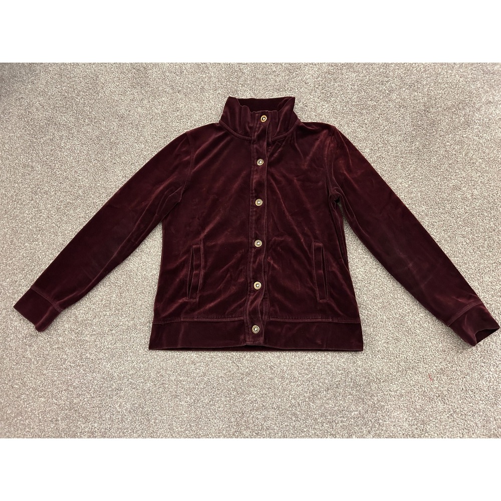 Jones New York Velour Jacket Women Small Burgundy Snap Front Mock Neck Excellent